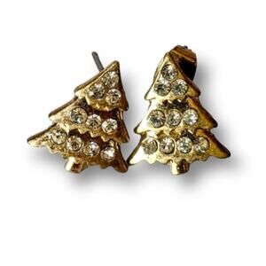 Precious Christmas tree post earrings - matte gold tone, rhinestones